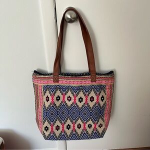 Boho Woven Tote Bag with Brown Handles - Navy, Pink & Cream